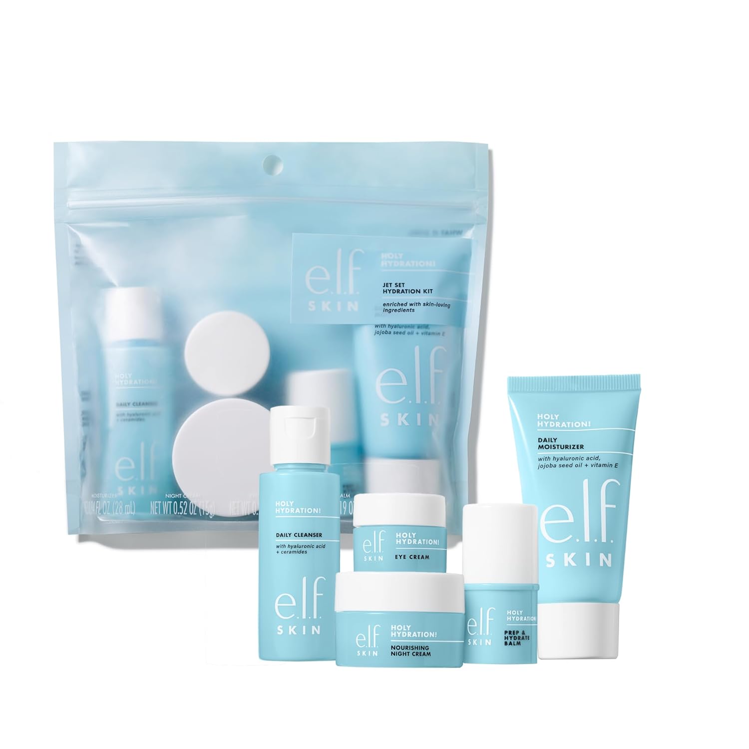 e.l.f. SKIN Holy Hydration! Jet Set Hydration Kit, Shuttle Pleasant Hydrating Skincare Set, Face Cleanser, Balm, Moisturizer, Eye Cream & Night Cream, Vegan & Cruelty-Unfastened